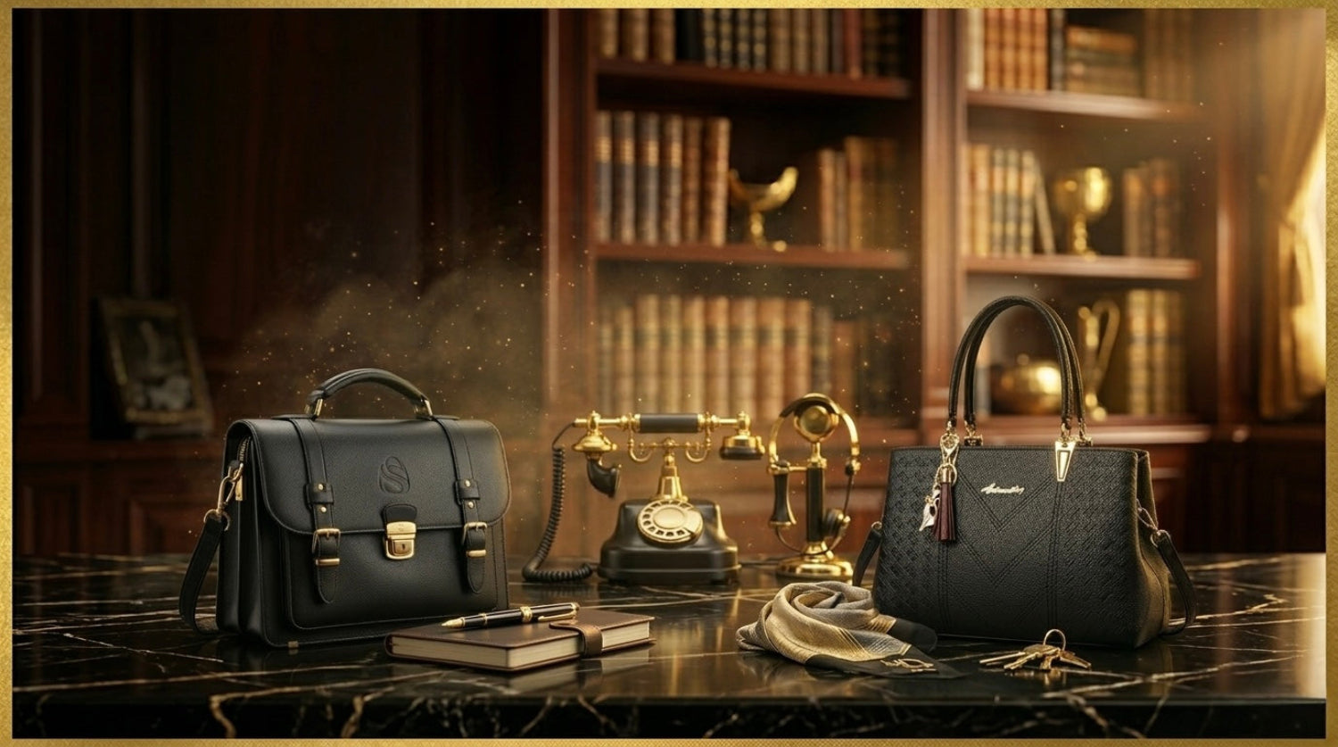 Two black handbags on a marble surface with a vintage phone and books in the background.