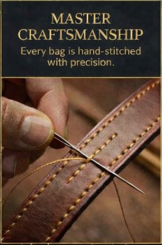 Hand-stitching leather with a needle and thread, emphasizing master craftsmanship.